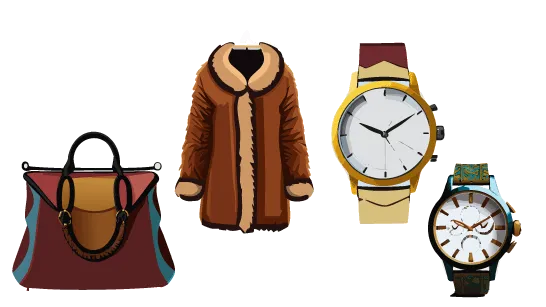 デザインロゴ「ブランド品を売る店、バッグ、時計、コートを並べている」