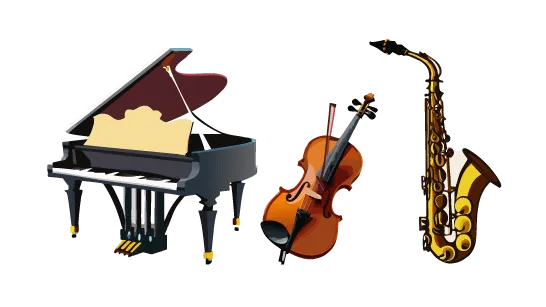 デザインロゴ「楽器類を取り扱う店、グランドピアノ、バイオリン、テナーサックスを展示している